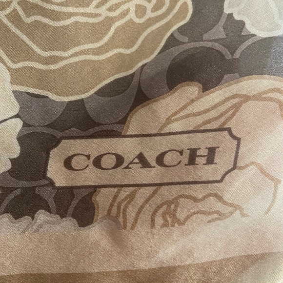 Coach Beige, Tan and Gray Square Scarf, With Roses and Kissing C’s. - Picture 2 of 5